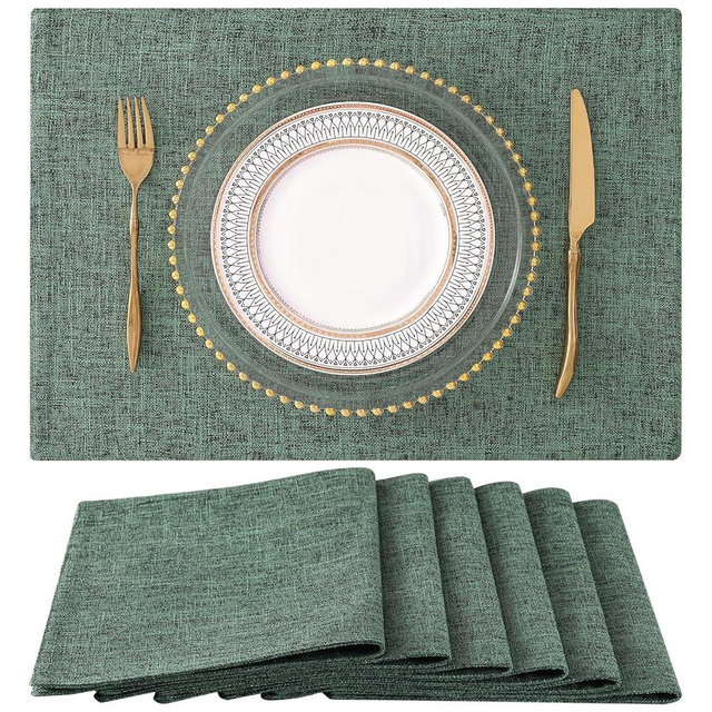 homing Cotton Linen Placemats Set of 6, Cloth Washable Farmhouse Dining Table Mats for Indoors & Outdoors, Easy to Clean, Green, 13 x 19 Inch