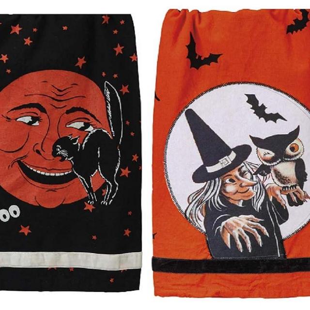 PBK Vintage Style Happy Halloween Kitchen Towel Bundle of 2, Witch with Owl and Laughing Moon and Black Cat Design