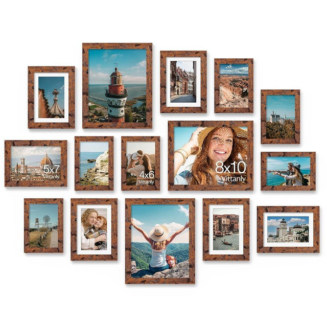 Vittanly 15 Pack Picture Frames Collage Wall Decor for Mounting or Tabletop Display, Gallery Frame Set for Family, Multi Sizes Including 3pcs 8x10, 6pcs 5x7, 6pcs 4x6, Rustic Brown