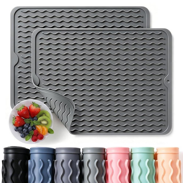 2 Pack Caketime Silicone Dish Drying Mat for Kitchen Counter Heat Resistant Under Sink Waterproof Coffee Bar Accessories Dining Rack Stone Utensil Holder Countertop Decor Must Haves 2026