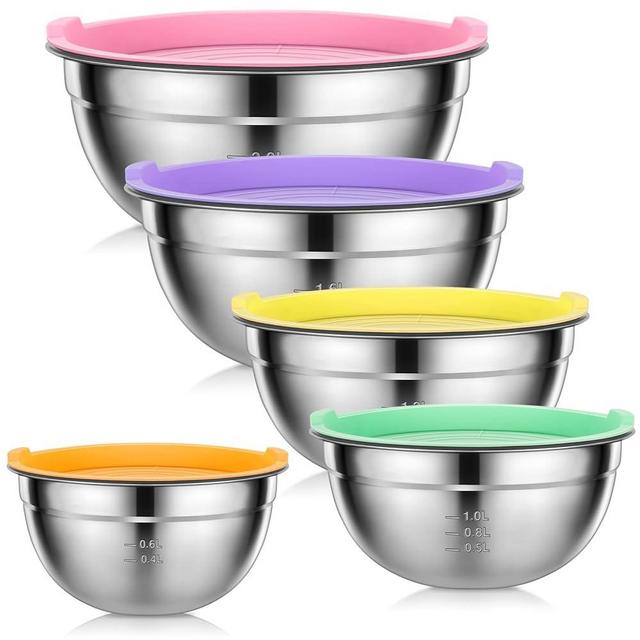 kkyvvy Mixing Bowls with Lids Set - 5 PCS Stainless Steel Mixing Bowls - Mixing Bowl Set with Lids for Kitchen, Size 4.4, 3.6, 2.7, 2.1,1.5QT, Ideal for Baking, Prepping, Cooking and Serving Food