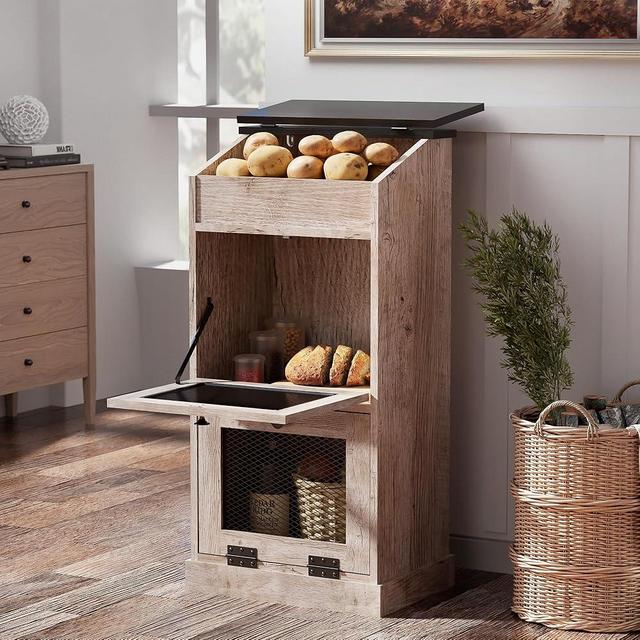 ONG Potato Storage Wood Box, Wooden Bread Storage Bins, Decorative Potato and Onion Storage Bin, Potato Bin with Grocery Section, Wooden Vegetable Storage with Lid, Oak