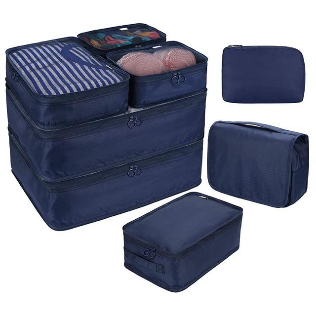 DIMJ Packing Cubes for Travel, 8 Pcs Travel Cubes for Suitcase Lightweight Travel Essential Bag with Large Toiletries Bag for Clothes Shoes Cosmetics Toiletries (Navy Blue)