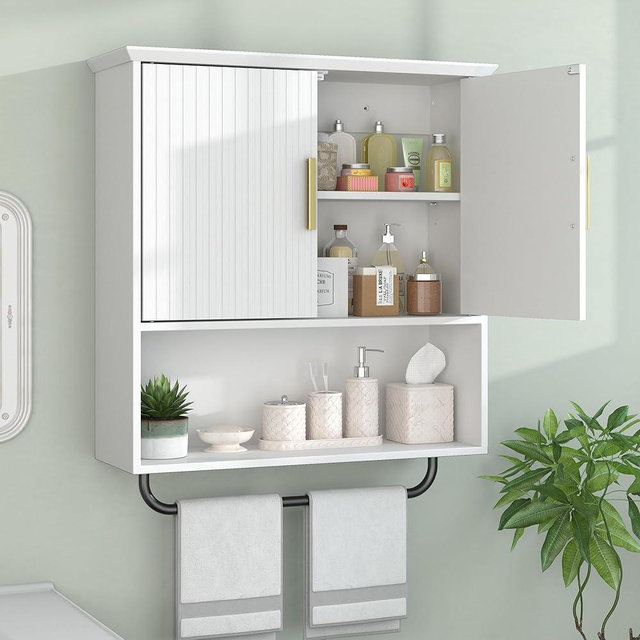 FUNHUKSON Bathroom Wall Cabinet with Towel Bar, 2 Doors & Adjustable Shelves - Space Saving Wood Wall Mounted Medicine Cabinet Storage Organizer for Bathroom, Laundry, Kitchen, Living Room (White)