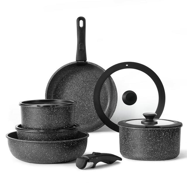 CAROTE 11pcs Pots and Pans Set, Nonstick Cookware Set Detachable Handle, Induction Kitchen Cookware Sets Non Stick with Removable Handle, RV Cookware Set, Oven Safe Cookware Set, Black