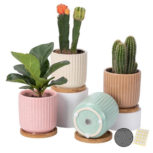 OMAYKEY 4 Inch Ceramic Plant Pot with Saucer, Adorable ​Stripe Multicolor Small Planters Pots with Drainage Hole & Mesh Pads for Succulent, Snake Plants, Cactus, Herbs - Set of 4