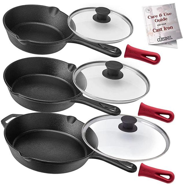 Cuisinel Cast Iron Skillet Set - 6"+8"+10"-Inch + Glass Lids + Silicone Handle Holder Covers - Pre-seasoned Frying Pan - Oven Safe Cookware - Indoor/Outdoor Use - Grill, BBQ, Stovetop, Induction Safe
