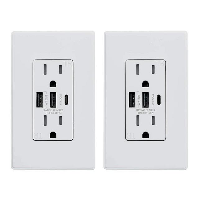 ELEGRP 30W 6.0 Amp 3-Port USB Wall Outlet, 15 Amp Receptacle with USB Type C Type A Ports, USB Charger for iPhone, iPad, Samsung, LG, HTC and Android Devices, UL Listed, with Wall Plate, 2 Pack, White