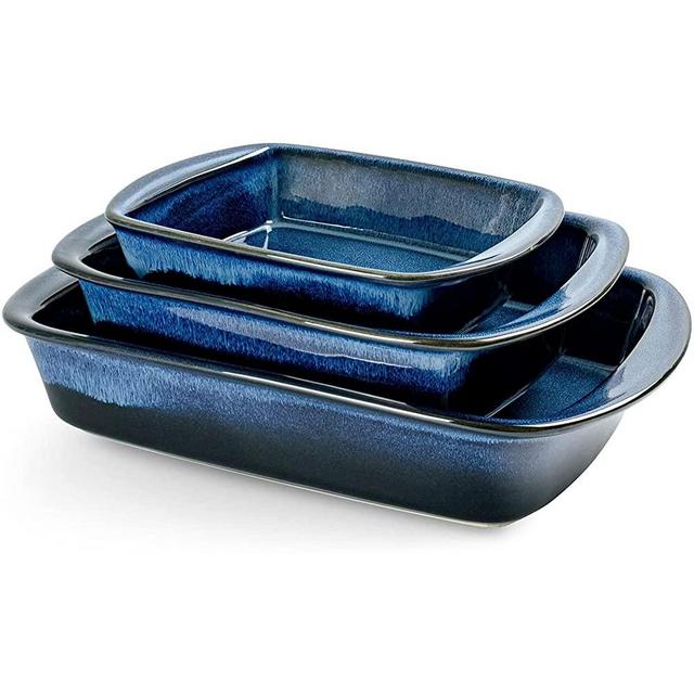 Baking Dish Set of 3, UNICASA Ceramic Bakeware Set, 9x13 Casserole Dish Reactive Glaze Space Blue, Rectangular Baking Pans for Oven, Lasagna Pans for Cooking