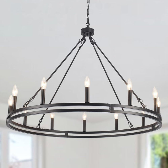 HLJYNJM 38 inch Black Wagon Wheel Chandelier, 12-Light Modern Farmhouse Chandelier for Dining Room Light Fixture, Rustic Round Hanging Light Fixture for Living Room Bedroom Foyer Entryway