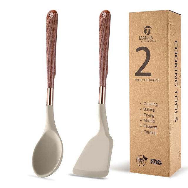 MANJIA Silicone Spatulas Set, Nonstick Silicone Spoon & Turner Spatula Set, Serving Spoon kitchen Spatula for Cooking Fish, Eggs,Flipper, Cooking Utensils Set 2pcs (khaki-solid spoon & spatula)