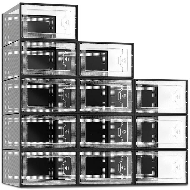 SEE SPRING X-Large Shoe Storage Box Fit Size 11, Clear Plastic Stackable Shoe Organizer for Closet, Space Saving Foldable Shoe Rack Sneaker Container Bin Holder, 12 Pack Black