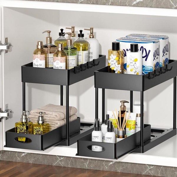 PUILUO 2 Set Under Sink Cabinet Organizer, 2 Tier Storage Under Cabinet Bathroom Under Sink Organizers and Storage Black Under Sink Storage for Bathroom Kitchen
