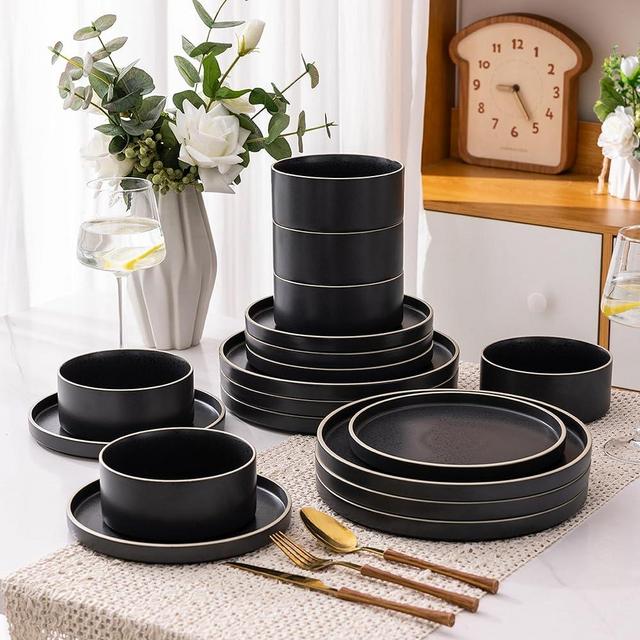 LERATIO Ceramic Dinnerware Sets of 6, High Edge Stoneware Plates and Bowls Set, Chip and Crack Resistant | Oven & Dishwasher & Microwave Safe Dishes Set, Service for 6 - White Rim (18 PCS)