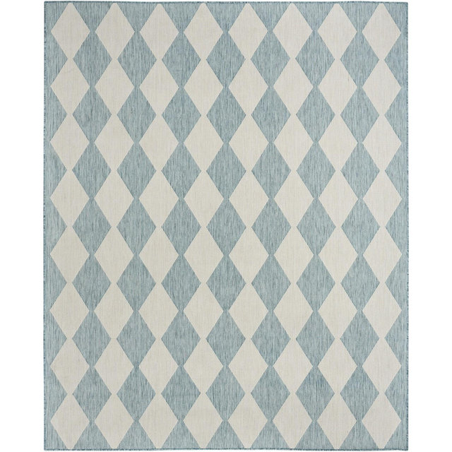 Nourison Positano Retro Diamond Flatweave Indoor Outdoor Low Pile Area Rug Aqua 8' x 10'