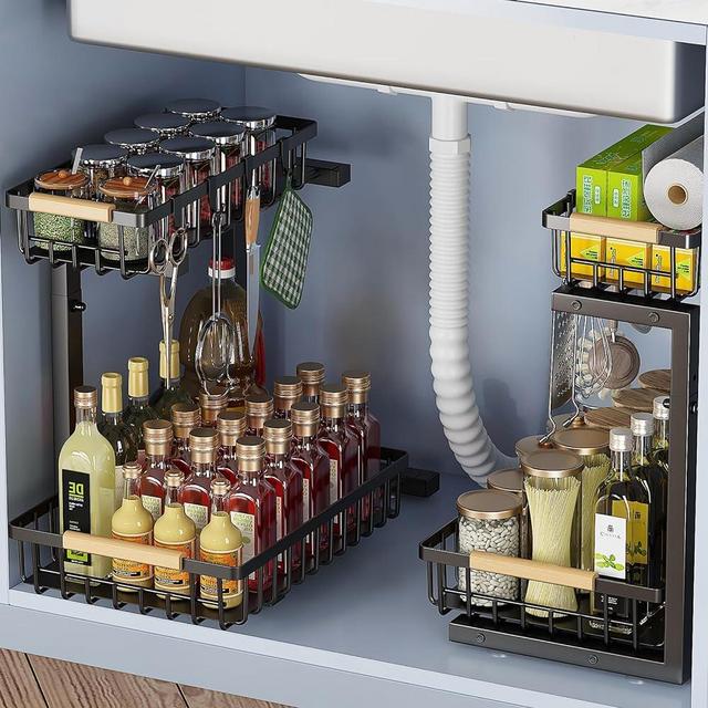 KEKAPE undermount sink 2pcs for kitchen and bathroom under sink storage, double pull-out design, height adjustable, free 8 hooks