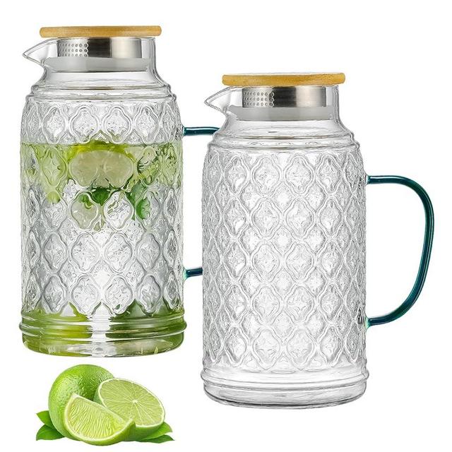 Buaic 2 PACK Glass Pitcher with Bamboo Lid, 68 oz/2L Vintage Water Pitcher, Clear Borosilicate Glass Water Carafe for Cold Brew, Coffee, Lemonade, Iced Sun Tea,Beverage, Milk, Heat Resistant
