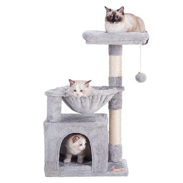 Heybly Cat Tree Cat Tower Condo with Sisal-Covered Scratching Posts and Basket for Kitten Light Gray
