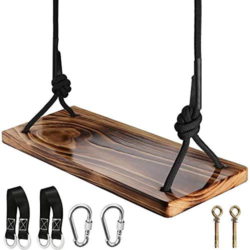 Tree Swing Seat,ATFWEL Carbonized Hanging Swing Seat with Adjustable Rope for Adult Kids Garden,Yard,Indoor,Outdoor Durable Wooden Swing Can Withstand 440LB (17.7x7.9x1.0 inch)