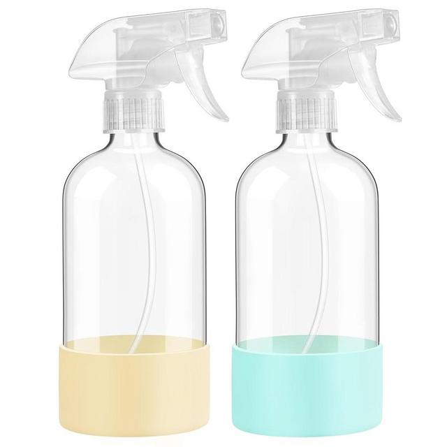 FANSTINOW Glass Spray Bottles with Silicone Sleeve Protection, 16 oz 2 Pack, Reusable Spray Bottles with Adjustable Nozzle for Hair, Cleaning Solutions, Plants, Pale Yellow&Mint Green