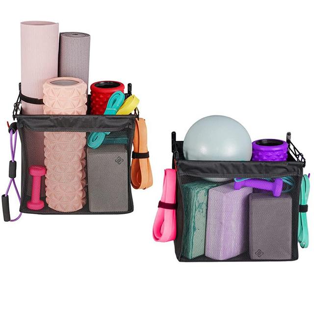 PLKOW Yoga Mat Holder Wall Mount 2 Pack, Yoga Mat Storage Garage Ball Storage, Home Gym Storage for Yoga Mat, Foam Roller, Balls, Toys, Heavy Duty Steel Frame with Oxford Cloth and Hooks, Workout Equipment Storage Basket for Home Gym, Garage
