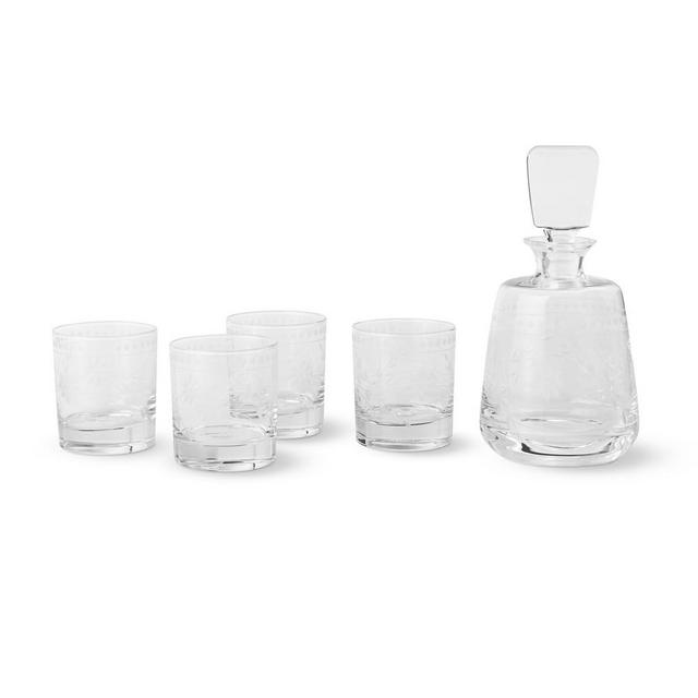 Vintage Etched Decanter & Double Old-Fashioned Glasses, Set of 4