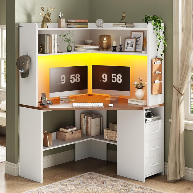 SEDETA 31.5" Corner Desk for Small Space, Farmhouse Small Corner Desk with Hutch & 3 Drawers, Corner Computer Desk with Storage Shelves & LED Lights for Home Office, White + Brown