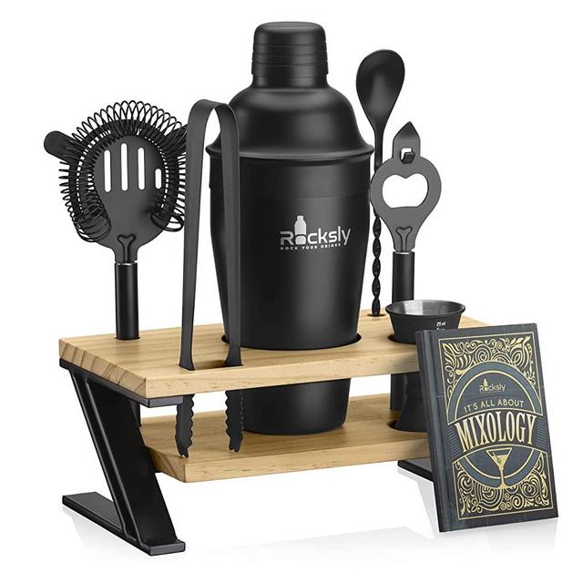 ROCKSLY Mixology Bartender Kit and Cocktail Shaker Set for Drink Mixing | Mixology Set with 7 Bar Set Tools and Bamboo Stand Makes It the Perfect Home Cocktail Kit | Complete Bartender Kit (Black)