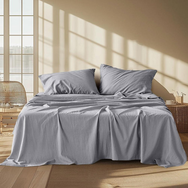 Bedsure Linen Sheets - King Size Sheets, Blend from Linen Cotton Bedsheets, Breathable Cotton Bedsheets, Gifts for All Seasons, 4 Pieces, Light Grey