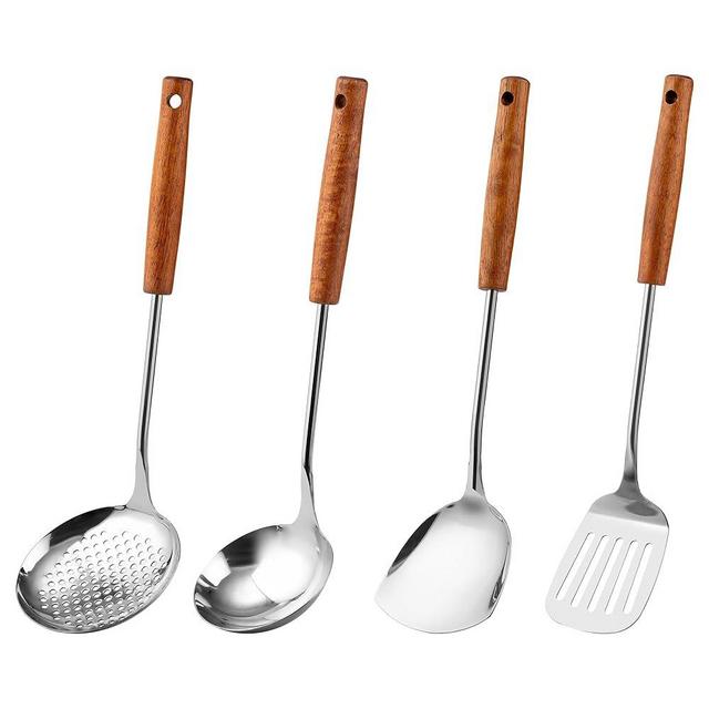 FJNATINH Wok Spatula,Slotted Spatulas,Ladle,Skimmer Ladle Tool Set,Mirror Polished Stainless Steel Cooking Utensils 14.6-15.2" Kitchen Utensils Cookware, Pack of 4