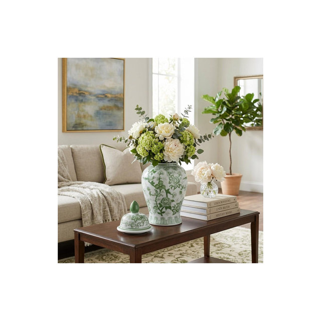 Contemporary Ceramic Vase for Living Room and Home Decor for House - Bird and Flower Temple Jar for House Accent or Table Decor - 19", Green & White