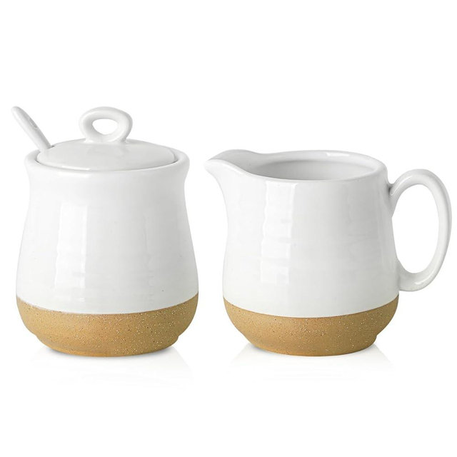 Hasense Ceramic Sugar and Creamer Set, 3 Piece Coffee Serving Set with Cream Pitcher, Sugar Bowl, Lid & Spoon, 10 Ounce Sugar and Creamer Set for Coffee Bar, Perfect for Wedding Gift (White)