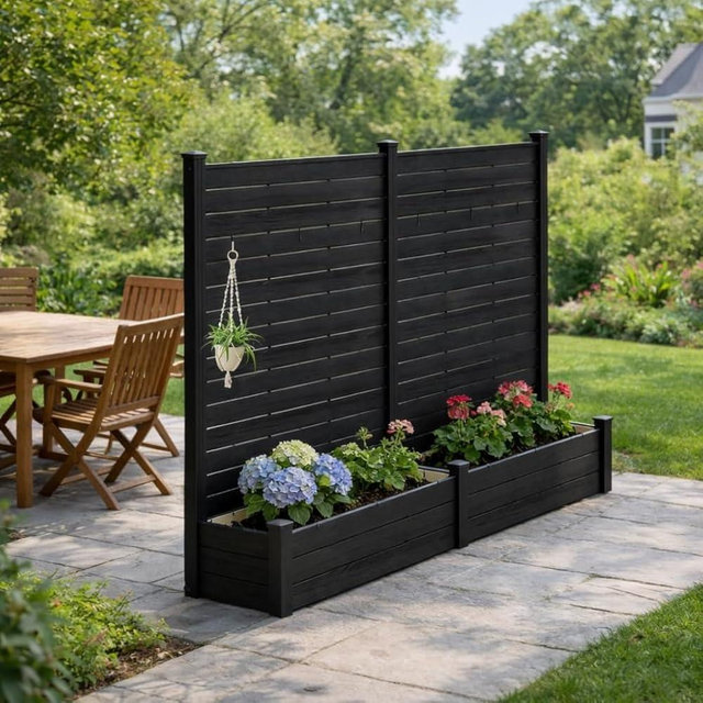 Kozyard 2Pack Privacy Screen with Planter, 70" H x 51" W Outdoor Garden Screen, Waterproof Aluminum Frame with Thick Wood-Plastic Boards, Decorative Privacy Screen for Patio, Balcony & Backyard Gray
