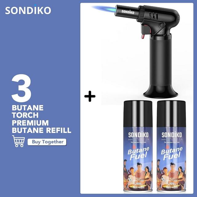 Sondiko Kitchen Torch with Butane Included, Premium Fuel Refill and Butane Torch S907 Kit, Refillable Kitchen Torch with Butane Fuel Refill for Men Unique, Soldering, Cooking