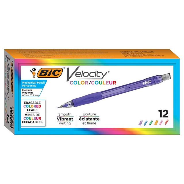 BIC Velocity Color Mechanical Pencil, Medium Point (0.7mm), Assorted Colored Leads, Soft Comfortable Grip, 12-Count