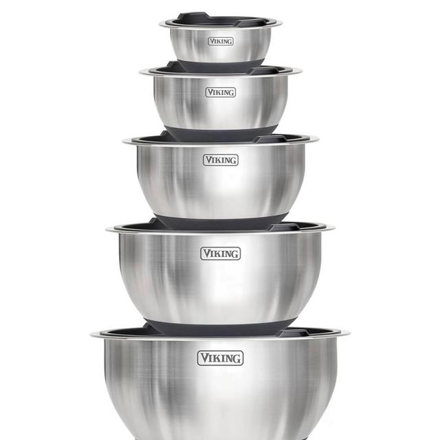 Viking Mixing Bowls Set, 10 Piece Stainless Steel Kitchen Cookware, Non-Slip Silicone Base, Includes Airtight Lids, Dishwasher Safe, Black