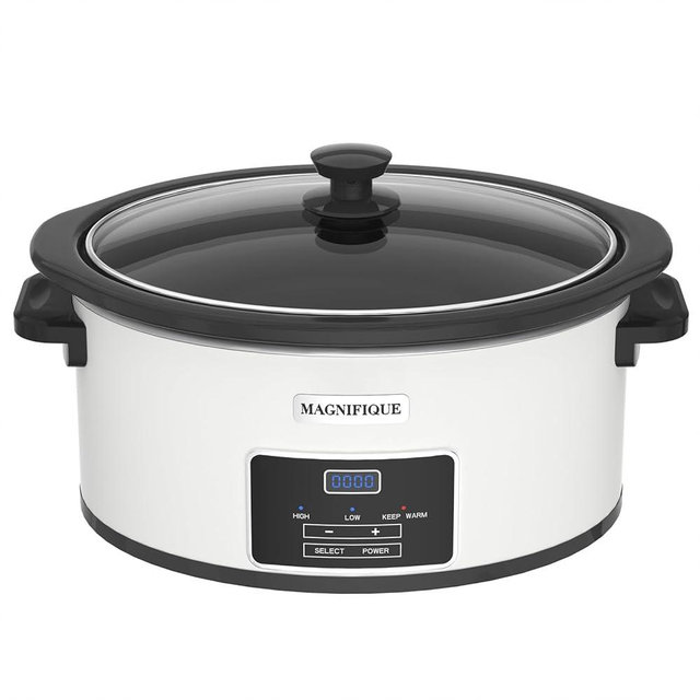 7-Quart Programmable Slow Cooker with Timer Keep Warm - Small Kitchen Appliance for Family Dinners - Serves 6+ People - Heat Settings: Keep Warm(White, Black Liner)