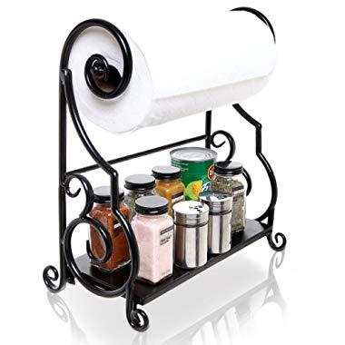 MyGift Black Metal Kitchen Countertop Paper Towel Holder Bar with Condiment Shelf Rack