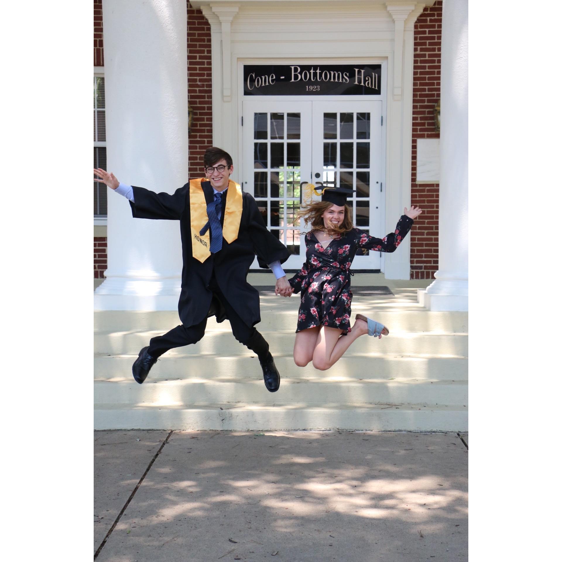 Although Kinnon graduated at the end of the Fall semester in 2017, this is us jumping in the air in celebration on FBC Arkadelphia's Senior Sunday in May 2018.