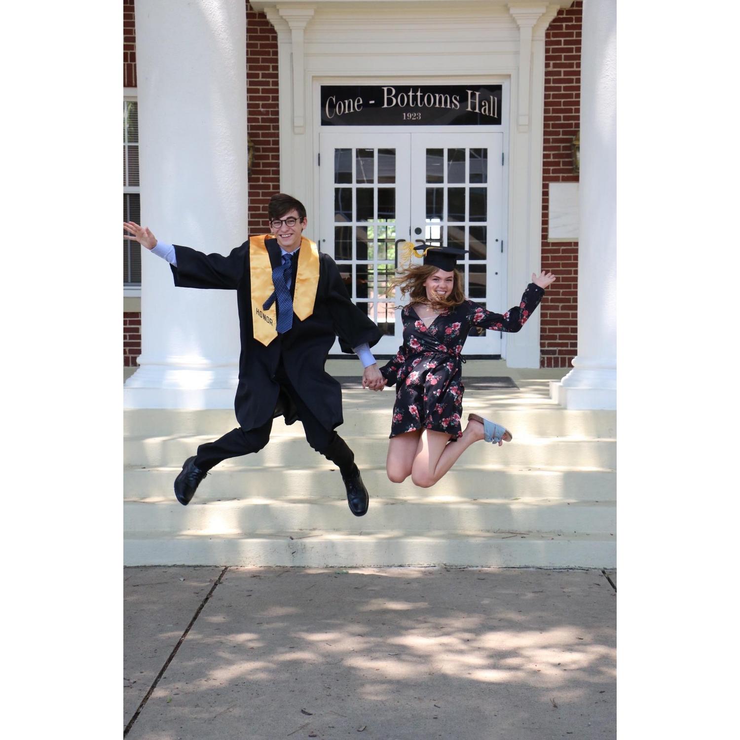 Although Kinnon graduated at the end of the Fall semester in 2017, this is us jumping in the air in celebration on FBC Arkadelphia's Senior Sunday in May 2018.