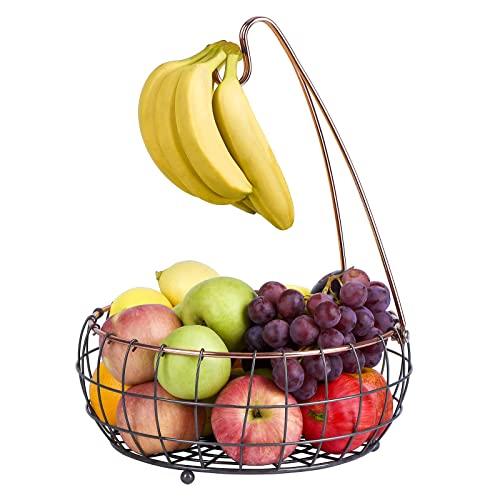 Sunny Living fruit basket with banana tree hanger, fruit bowl with banana holder, hanging 2 tier fruit basket for kitchen stand