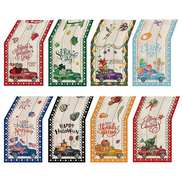 YOVOYOA 8 Pcs Truck Holiday Table Runner 72 Inches Long, Plaid Valentines Day St Patricks Day Mardi Gras Easter 4th of July Halloween Thanksgiving Day Christmas Burlap Table Decor for Home Party