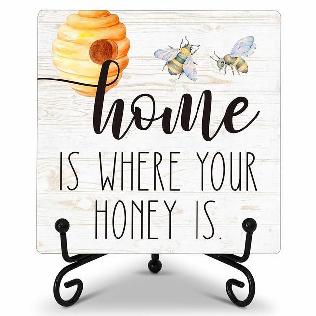 Honey Bee Decor Desk Sign, Home is Where Your Honey is Wood Sign, Wooden Plaque Sign With Iron Stand, Honey Bee Gifts for Bee Lovers, Bee Decorations for Farmhouse Home, Bee Kitchen Decor -80