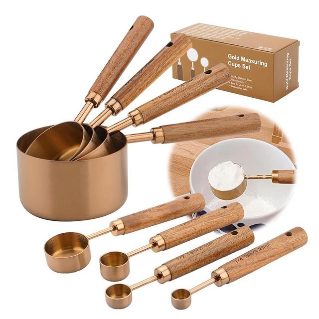 AGIgear Premium Measuring Cups and Spoons Set with Wood Handle, 8-Pieces Stainless Steel Liquid and Dry Measuring Cup Set for Baking, Cooking, Coffee with Ergonomic Grip & Engraved Markings (Bronze8)