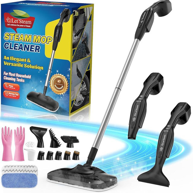 Let'Steam Fastest Heating Steam Mop with Handheld Steam Cleaner, 250ML Powerful Floor Steamer for Cleaning Hardwood, Laminate Floor, Wall, Glass and Grout, 17 Multi-purpose Accessories & Washable Pads
