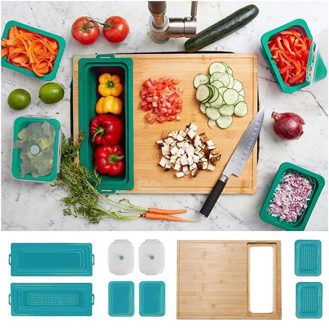 Soji ZenPrep Bamboo Cutting Board for Kitchen - Collapsible Silicone Food Storage Containers Trays (Teal)