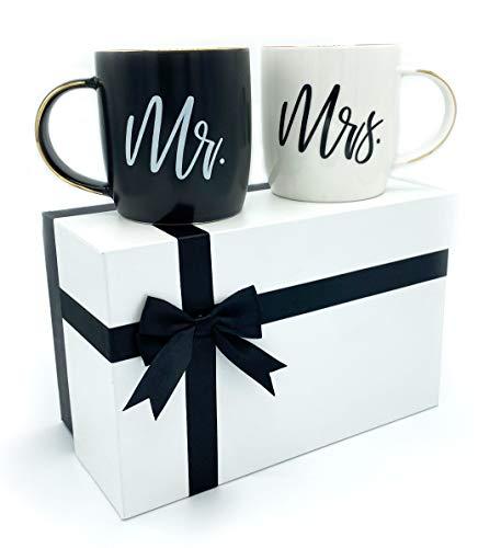 Gifffted Mr and Mrs Mugs, Unique Wedding Gift for The Couple, Gifts for Engagement, His Hers Anniversary, Bride and Groom, Great Newlywed and Christmas Gifts for Couples, 1 Black 1 White Coffee Set