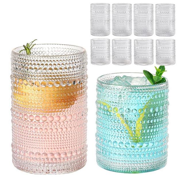 ZMOWIPDL Vintage Hobnail Drinking Glasses Set of 8,Clear 12 oz & 15oz Highball Glass Cups, Kitchen Drinkware Glassware,Embossed Water Tumbler,for Beer,Cocktail,Whiskey,Juice and Various Mixed Drinks