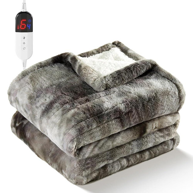 MAXEVE Electric Heated Throw Faux Rabbit Fur Blanket with 6 Heating Levels & 4 Hours Auto Off, Fast Heating Warm Cozy Sherpa Washable Blanket with Over-Heat Protection, ETL Certification, Grey