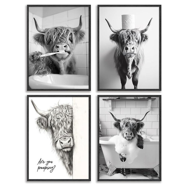 Funny Highland Cow Bathroom Wall Art,Rustic Farmhouse Wall Decor with Black and White Cow Pictures, Humorous Are You Popping Canvas Prints,Cute Animal Art Prints for Restroom Bathroom Decor,Unframed